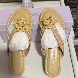 Wild Diva Lounge Beige Crochet Flower Thong Sandals
